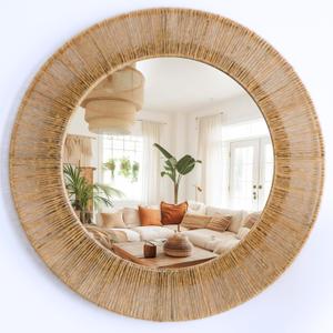 24 Inch Jute Mirror, Large Coastal Boho Round Mirror with Rustic Natural Jute Frame, Farmhouse Wall Decor Accent Handwoven for Bathroom, Bedroom, Living Room, or Entryway