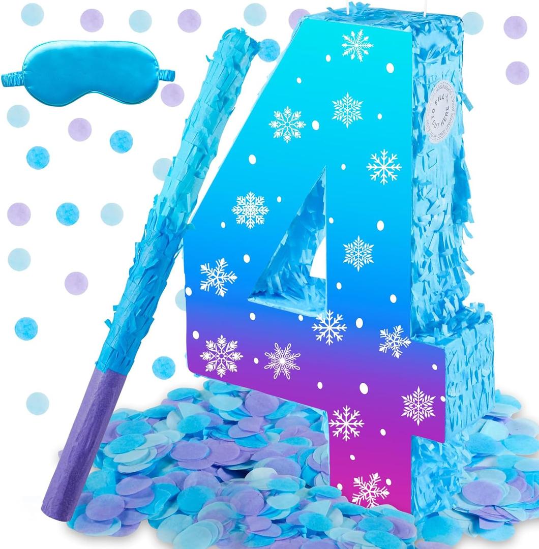 Snowflake Birthday Decorations, Winter Ice Snowflake Number 3 Pinata with Stick Blindfold and Confetti Snowflake Piata 3rd Birthday Party Decoration & Supplies (Snowflake 4)