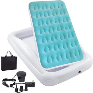 Inflatable Kids Travel Bed Toddler Air Mattress Set,Portable Blow Up Mattress Sleeping Bed Cot with Bed Rails and Electric Pump Ideal for Road Trip (Green)