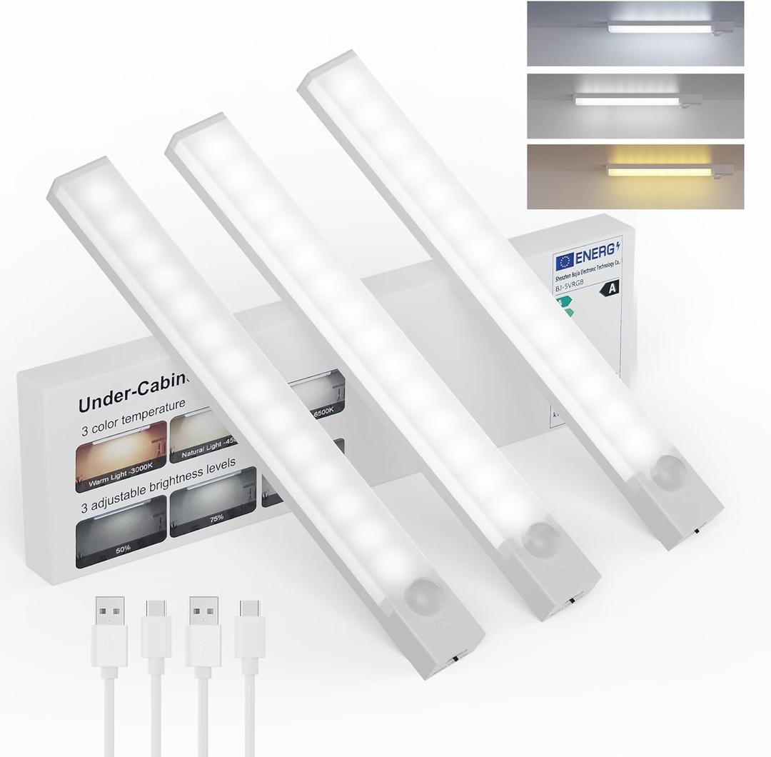 Under Cabinet Lighting 8 Inches Rechargeable Motion Sensor Light Indoor, 3 Color Dimmable Closet Light Battery Operated, USB Stick on LED Magnetic Under Counter Lights for Kitchen Stair, 3 Packs
