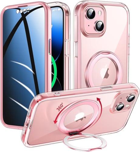 WASTROYAL Privacy Case for iPhone 13/iPhone 14 with 360°Stand [Built-in Anti Peeping Screen Protector] [Compatible with MagSafe] [Magnetic Ring ] Full Body Protective Phone Cover 6.1", Pink