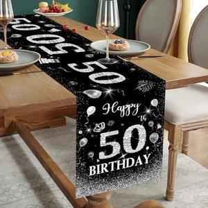 Happy 50th Birthday Table Runner Black Silver 50th Birthday Table Runner for 50 Years Old Men Women Him Her Celebrate Party Decorations Non-Slip Dining Table Linen Cloth Decor, 72 Inches Long, 2 Pack