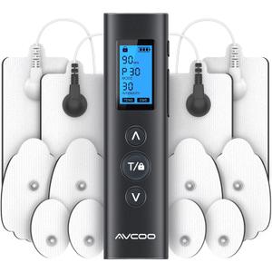 AVCOO 30 Modes TENS EMS Unit Compact Muscle Stimulator for Pain Relief of Back, Shoulder, Neck, Rechargeable & Portable Dual Channel EMS Muscle Stimulator with 30 Intensity Levels, 12 Electrode Pads (Black)