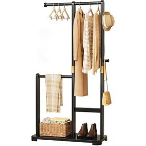 Solid Wood Coat Rack, Freestanding Standing Clothes Rack with Double Hanging Rods for Coats, Jackets, Wooden Coat Tree Garment Rack for Bedroom Entryway Hallway, Space Saving Small Coat Rack