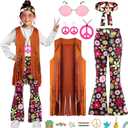 Hippie Costume for Girls 60s 70s Kids Outfits Costume Halloween Party Dress Up (7-8 Years, Brown)