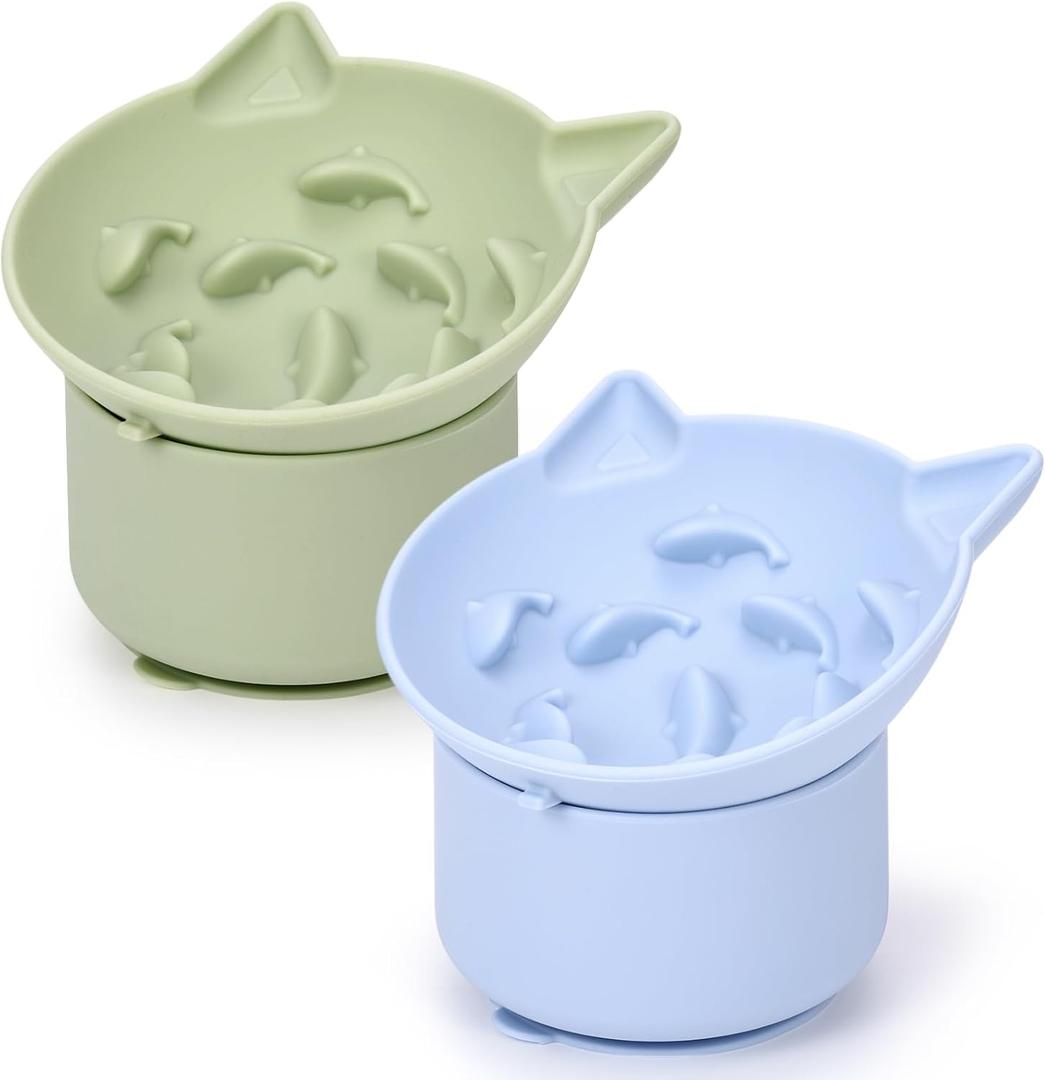 2 Pack Silicone Cat Slow Feeder, Elevated Slow Feeder Cat Bowl for Dry and Wet Food, Tilted Design with Non Slip Base, Adjustable Angle for Pet(Green and Blue)