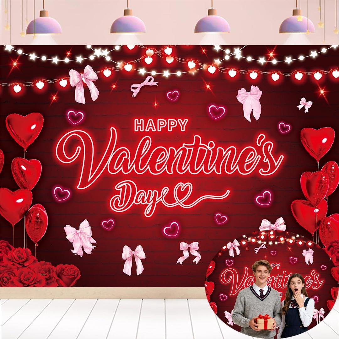Happy Valentine's Day Backdrop 7x5FT Red Rose Flowers Bow Love Heart Balloon Photography Background Valentines Theme Party Decorations Photo Props
