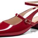 Coutgo Womens Mary Jane Chunky Low Heels Closed Square Toe Ankle Strap Pumps Wedding Party Dress Shoes (7.5, Red)