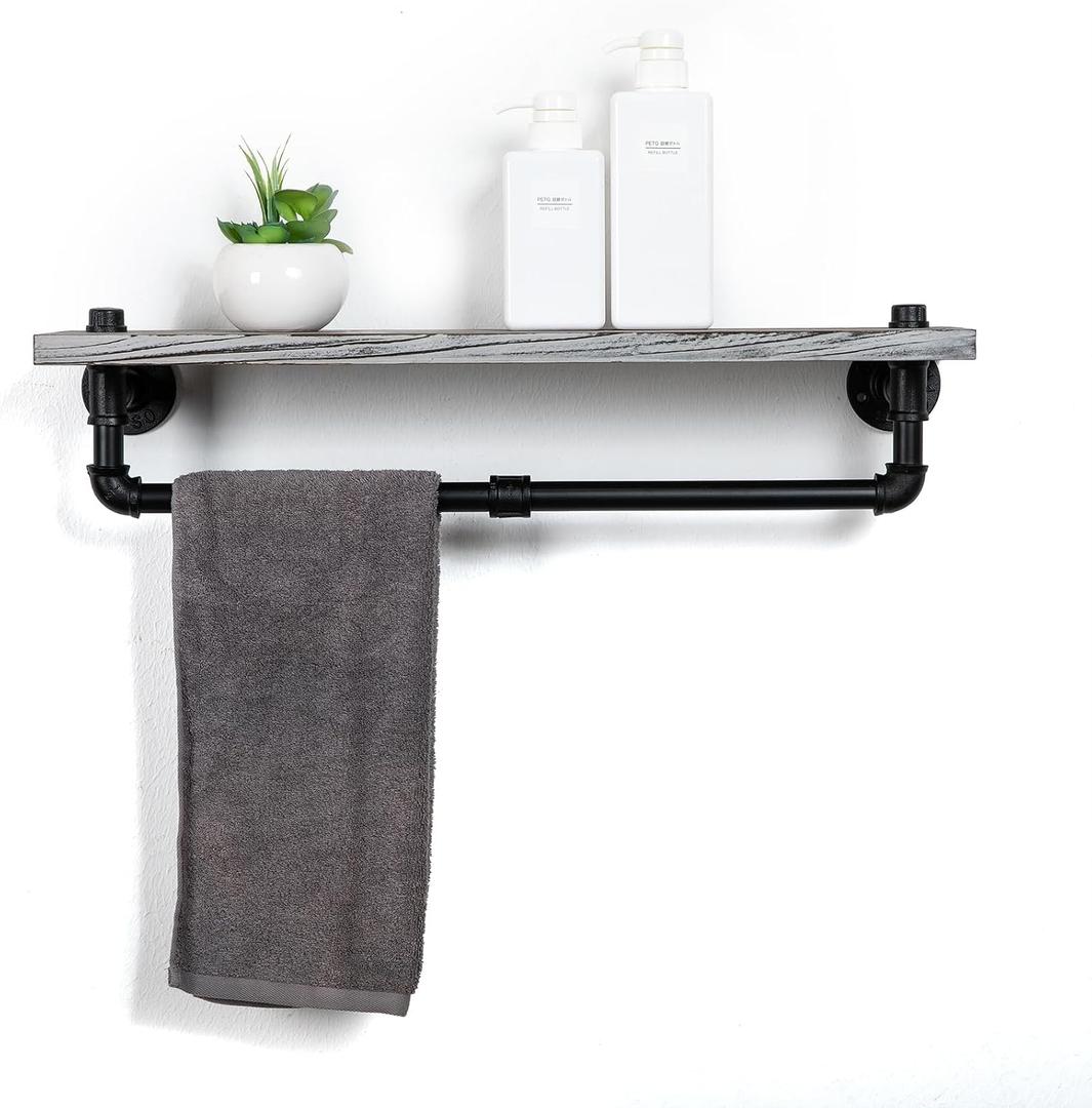 Rustic Style Torched Wood Towel Rack Wall Mounted Industrial Metal Pipe Bar Floating Bracket Shelf Bathroom Kitchen Washcloths Toiletries Supplies Rectangular Hanging Organizer Farmhouse