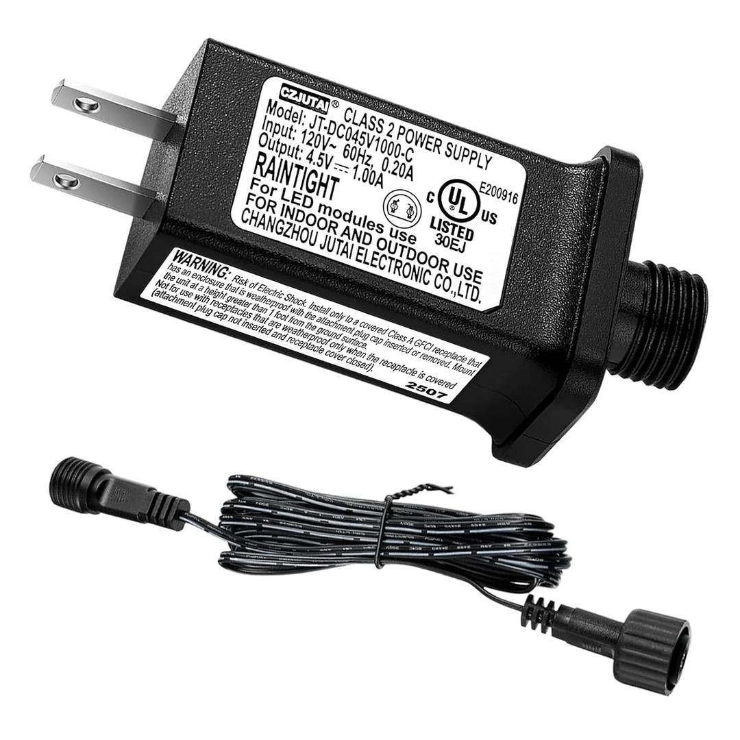 4.5V 1A LED Controller with Extension Cord, Replacement Model JT-DC45V1000-C Class 2 Power Supply IP44 LED Light Controller Low Voltage Transformer for Halloween Christmas Holiday String Light