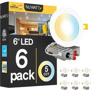 NUWATT 6 Pack, 6 Inch Ultra-Thin LED Recessed Lighting, CCT 2700K/3000K/3500K/4000K/5000K Selectable, 1050LM, 15W, Dimmable, IC Rated, Wet Rated, White Trim Canless Slim Wafer Light with Junction Box