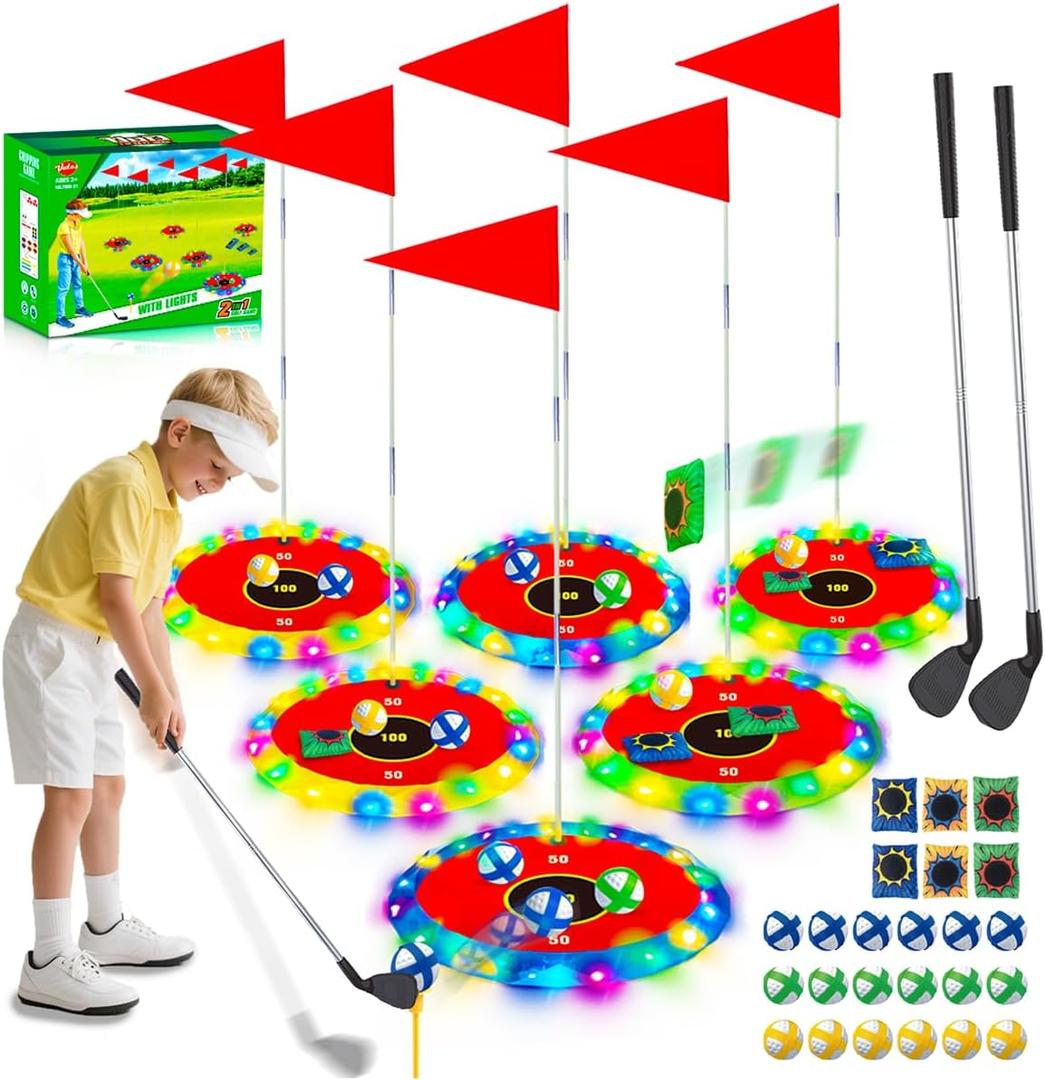VATOS 2-in-1 Light up Golf for Kids- Golf Chipping Game & Bean Bag Toss with 6 LED Targets, 2 Clubs, 18 Balls, Night Golfs Play for Indoor Outdoor Party Yard Golfer Gifts Sports Toys for Kids 5-12