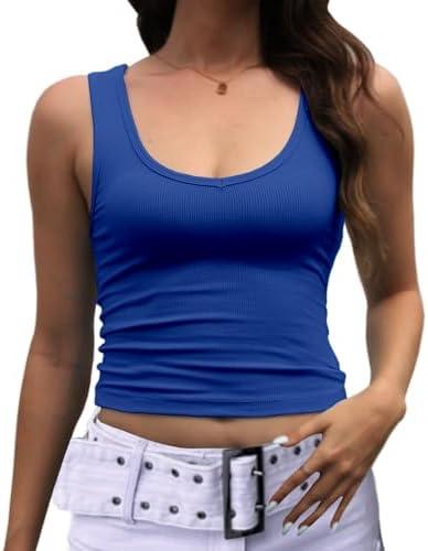 Dwnval Womens Sexy Summer Sleeveless Scoop Neck Tank Tops Slim Fit Cami Crop Top 2025 Trendy (Royal Blue, S) Pack of 2
