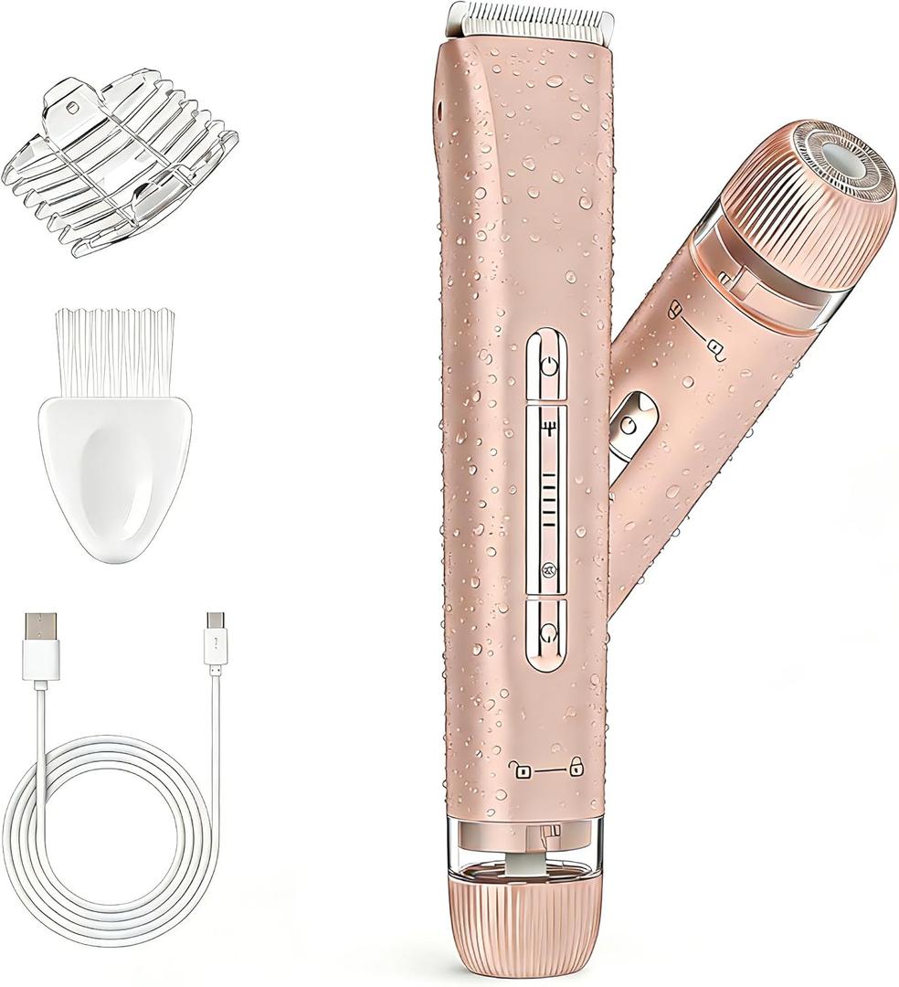 Bikini Trimmer for Women, Painless Dual Head Shaver for Sensitive Skin, IPX7 Waterproof for Safe Shower, USB-C, Detachable Head, Portable 2 in 1 Electric Razors for Pubic Hair, Rose Gold (Pink)
