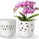 Set of 2 Orchid Pot, 5+6 Inch Orchid Pots with Holes, Orchid Pots for Repotting, Ceramic Flower Pots with Drainage and Tray, Planters for Indoor/Outdoor Plants - White
