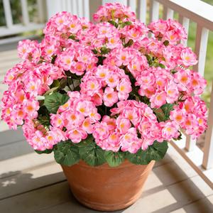 Artificial Geraniums Flowers for Outdoors, 6 Bundles Realistic Silk Fake Geranium, No Fade Faux Plants for Hanging Baskets, Window Boxes, Pots - Porch, Patio, Garden Decor(Pink)