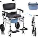 Shower Chair with Wheels 4 in 1 Folding Padded Bedside Commode Wheelchair Height Adjustable Detachable Bucket with Wheels Lifting Armrests Flip-up Footrest for Elderly Disabled