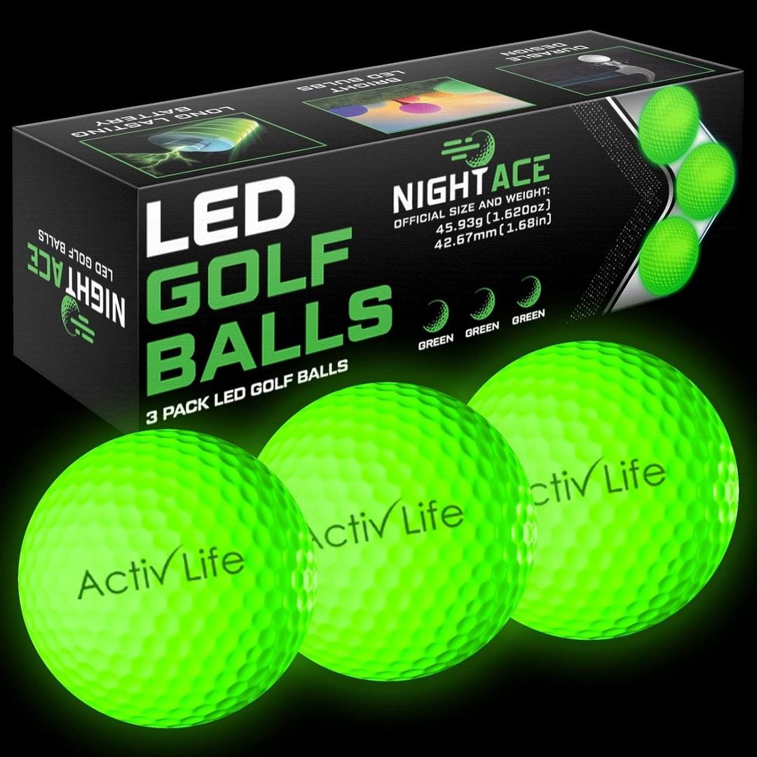 Activ Life Super Bright LED Golf Balls, 8 Minutes to Retrieve Ball & 40 Hours Battery Life, Golf Balls That Light Up at Night, Glow in The Dark, Ideal Gift for Men Women Golf Lovers (Green)
