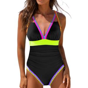 popvil One Piece Swimsuit Women 2025 Neon Color Block Contrast Cross Strap Bathing Suit Modest Cute Swim Suits (Large, Yellow Black)