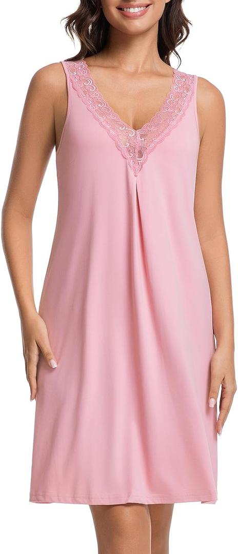 Nightgowns for Women Sleeveless Sleep Shirt V-neck Chemise Sleepwear Lace Night Gown Soft Sleep Dress(Pink, XXXL)