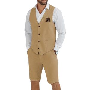 Men's Linen 2 Piece Suit Slim Fit Wedding Groom Groomsmen Summer Vest Shorts Set, L