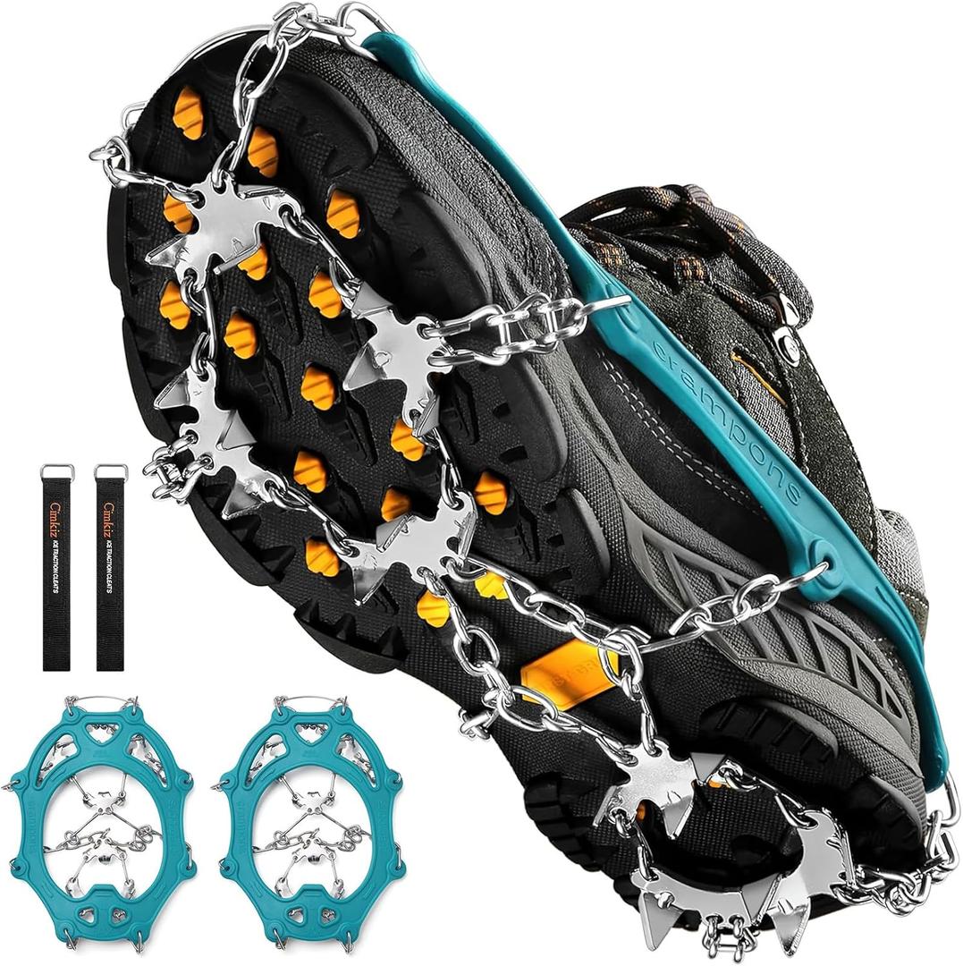 Cimkiz Crampons Ice Cleats Traction Snow Grips for Boots Shoes Women Men Anti Slip 19 Stainless Steel Spikes Safe Protect for Hiking Fishing Walking Climbing Mountaineering (Large, Teal)