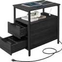VASAGLE Side Table with Charging Station, Narrow End Table with 2 Drawers, Slim Nightstand and Bedside Table with Storage, for Small Spaces, Black ULET321B22