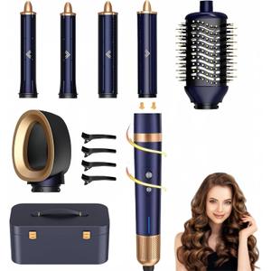 T-GOGO Hair Dryer Brush Professional: 6 in 1 Hot Air Hair Styler & Dryer Set, Powerful Hair Air Curling Iron High-Speed Negative Ionic Blow Dryer, Auto-Wrap, No Heat Damage (Dark Blue)