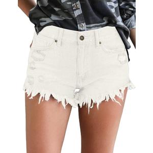 luvamia Women Casual High Waisted Denim Shorts Frayed Raw Hem Ripped Jeans Shorts (Small, A1 White)