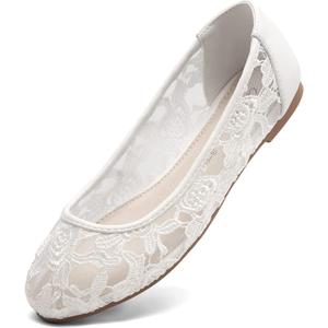 Greatonu Women's Ballet Flats Round Toe Slip on Lace ballerina Flat Comfortable Wedding Casual Dressy Floral Flats Shoes (7, White)