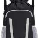 Veious Drawstring Backpack for Kids Sports Gym Bag with Shoes Compartment, Water Resistant Beach Swim Bag String Backpack for Boys and Girls, Black