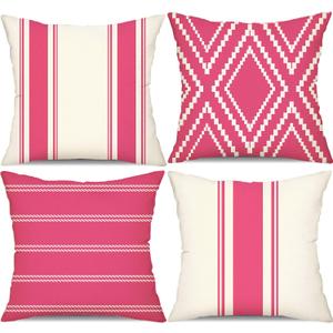 DFXSZ Outdoor Pillow Covers 18x18 Inch Set of 4 Hot Pink Waterproof Modern Geometry Throw Pillows Outdoor Summer Waterproof Decor for Patio Funiture Garden Polyester Cushion Covers 013L18