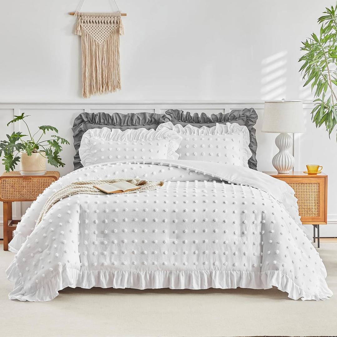Tufted Dots Ruffle Comforter Set Full/Queen Size, 3 Pieces White Vintage Farmhouse Shabby Chic Comforters, Jacquard Boho Bohemian Bedding Set for All Season (1 Ruffled Comforter+ 2 Pillow Shams)