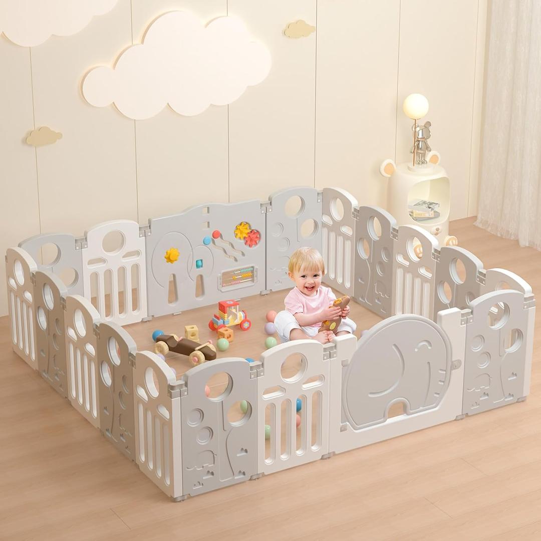 LulliSpace Baby Playpen,for Kids and Toddlers,Kids Activity Centre Safety Play Yard, Indoor&Outdoor Pattern Baby Fence with Game Panel, Safety Lock, Non-Slip Bases, Adjustable Shape,18 Panels