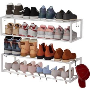 2 Pack Expandable Wall Mounted Shoe Rack, 17"-31" Adjustable Hanging Shoe Rack Holds 16 Pairs, Heavy Duty Metal Shoe Holder with 4 Storage Hooks, Space Saving for Entryway Closet DoorwayWhite