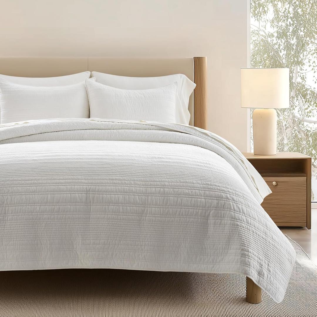 EVERGRACEHOME 100% Cotton Modern Lines Quilt Set King Size, Pre-Washed Soft Striped Coverlet Bedspread, 3 Piece Lightweight Bedding Set for All Season, with 2 Pillow Shams, Bright White