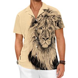 Lion Button Up Shirt Men Hawaiian Shirts Short Sleeve Summer Clothing, Animal Print, XL