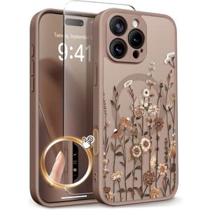 GVIEWIN for iPhone 16 Pro Case Compatible with MagSafe, [Military Grade Protection] [Screen Protector] Full Camera Protection Floral Translucent Women Magnetic Phone Case, Floratopia/Brown