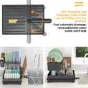Expandable Dish Drying Rack, Rust-Proof Metal Dish Racks for Kitchen Counter with 360° Swivel Drain Spout, Space-Saving Dish Drainer with Utensil Holder for Small Apartment & Home Organization, Black