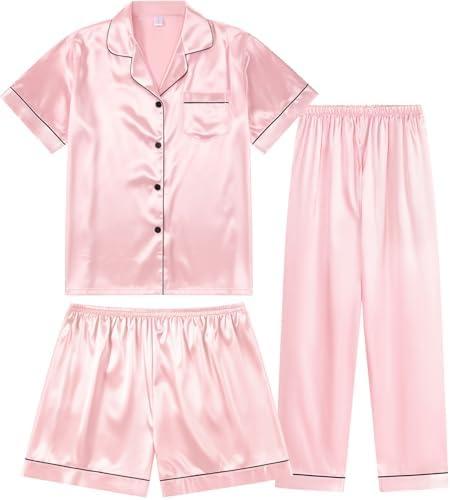 TinyChoice 3 Piece Silk Satin Pajama Set for Women Soft Short Sleeve Button Down Pjs with Shorts Long Pants Sleepwear Medium