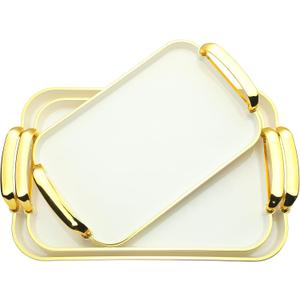 3 Pack Serving Tray with Handles, Stackable Reusable Trays for Serving Food, Plastic Serving Platters for Party, Charcuterie, Fruit, Appetizer, Cream Gold