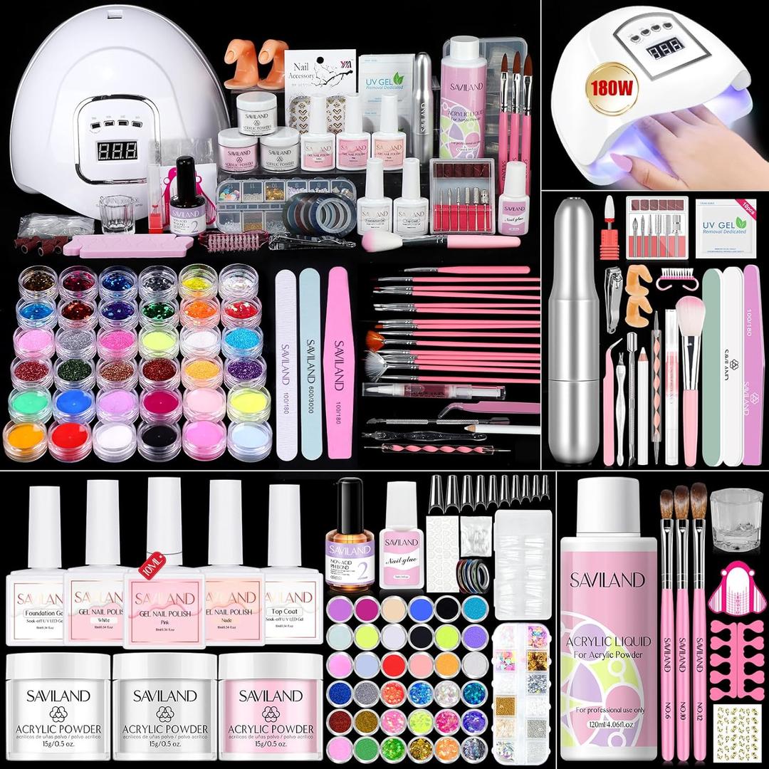 Saviland Acrylic Nail Kit for Beginners: Keratin Acrylic Powder Castor Oil Vitamin E Gel Nail Polish Primer 180W Nail Lamp Nail Drill Full Tools Everything Home Starters (458 pcs)