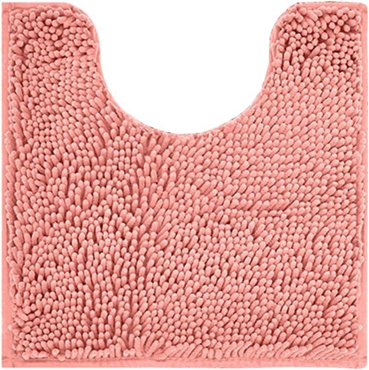 Reyox Chenille Bath Mat, Toilet Rugs U Shaped, Soft Plush Bath Bathroom Rug, Absorbent Shaggy Bathroom Contour Rug Coral Pink 19.7"x15.7"