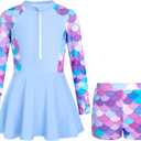HOZIY Girls Long Sleeve Swimsuit Two Piece Rash Guard Dress with Swim Shorts Front Zip for Kids Tween Teens UPF 50+ (Blue), Size: 15-16 Years