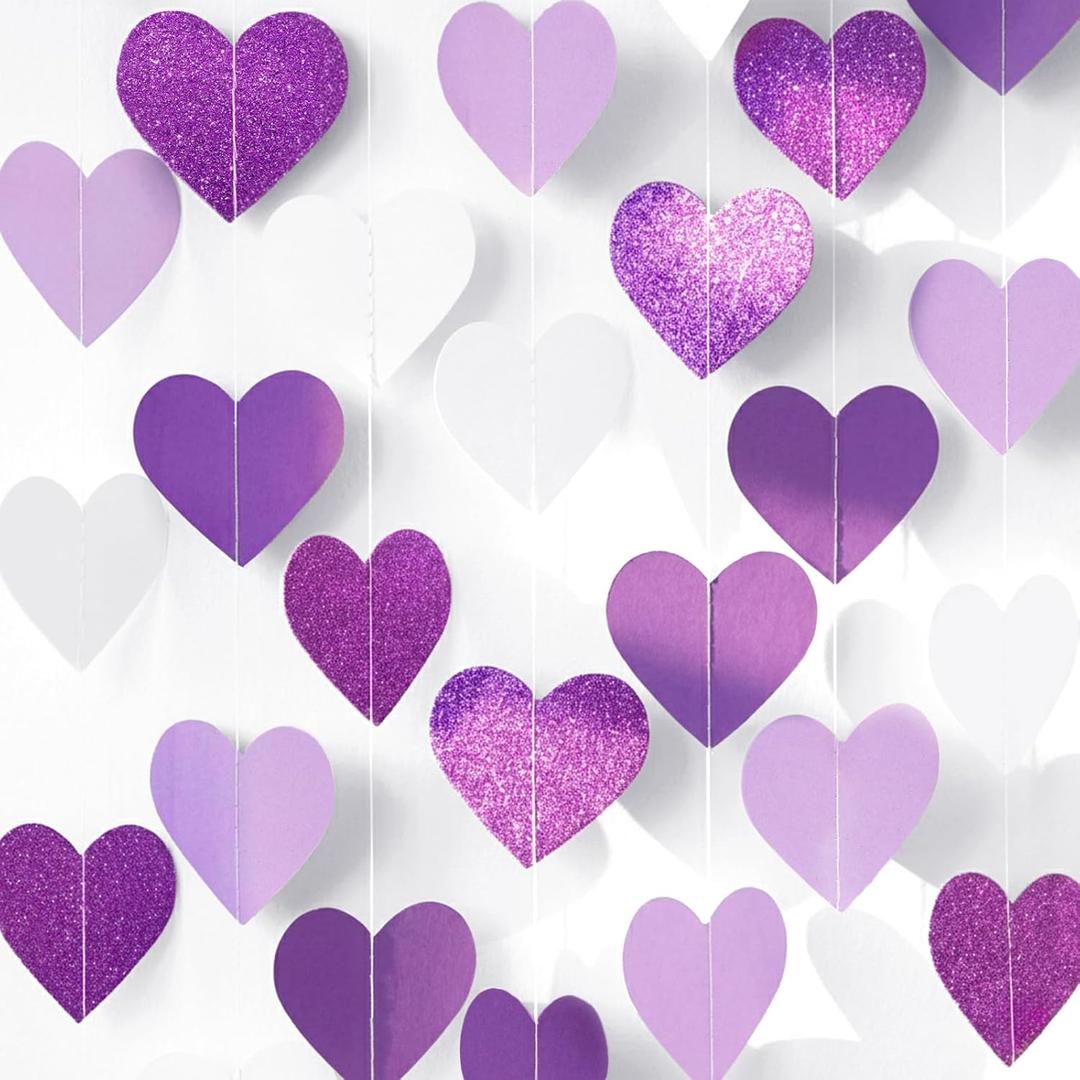 GCQQ Purple Heart Garland - 52Ft/16M Purple and White Lavender Party Decorations 4 Packs Glitter Hanging Heart Streamers for Birthday Wedding Baby Bridal Shower Bachelorette Party Backdrop Dcor