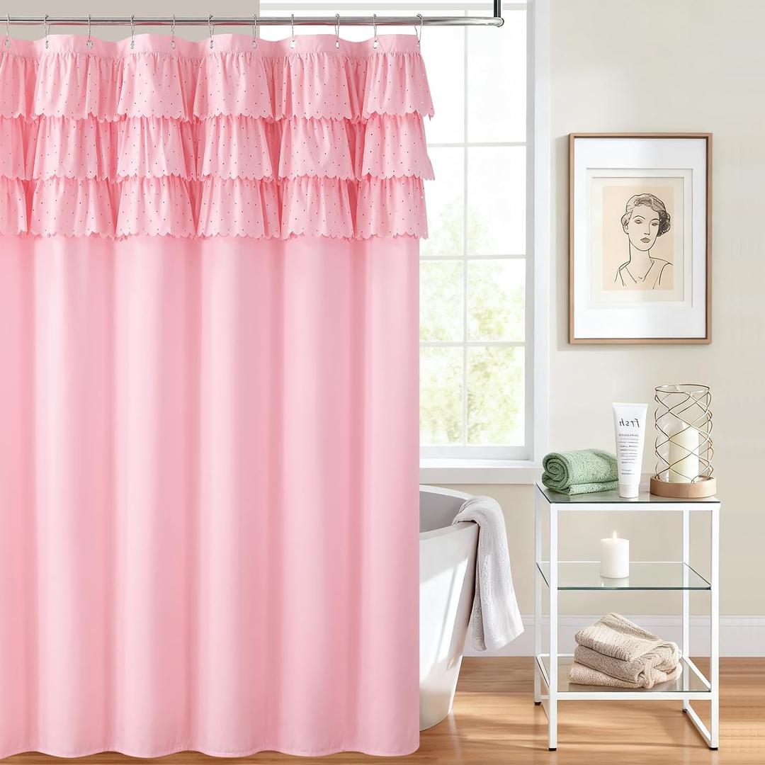 Pink Ruffle Shower Curtain with Small Holes, Girls Women Fabric Shower Curtain with Delicate Handcrafted Ruffles, Waterproof Ruched Farmhouse Decorative Bathroom Curtain, 72" W x 72" H