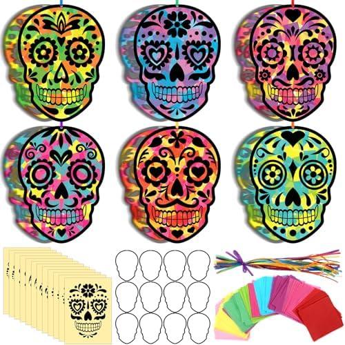 Supervitae 24 Set Sugar Skull Sun Catchers Craft Kits Day of The Dead Tissue Paper Sign Craft Kits Dia De Los Muertos Arts Hanging Ornament for Window Home Activities Arts Mexican Party