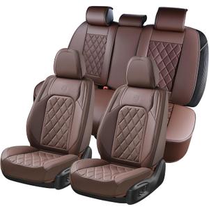 Coverado Car Seat Covers Full Set, Luxury Faux Leather Waterproof Seat Cover, Front and Back Car Seat Protector, Universal 5 Seat Leather Seat Cushion, Carseat Cover Fit Most Cars, Coffee