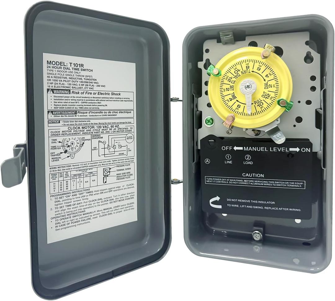 T101R Mechanical Timer Switch, 208277 VAC 40 Amp,Pool Pump Switch, 24 Hour 12 ON/Off for Pump, Heavy Duty Pool Timers Outdoor, Timer for Pump Lights HVAC Systems