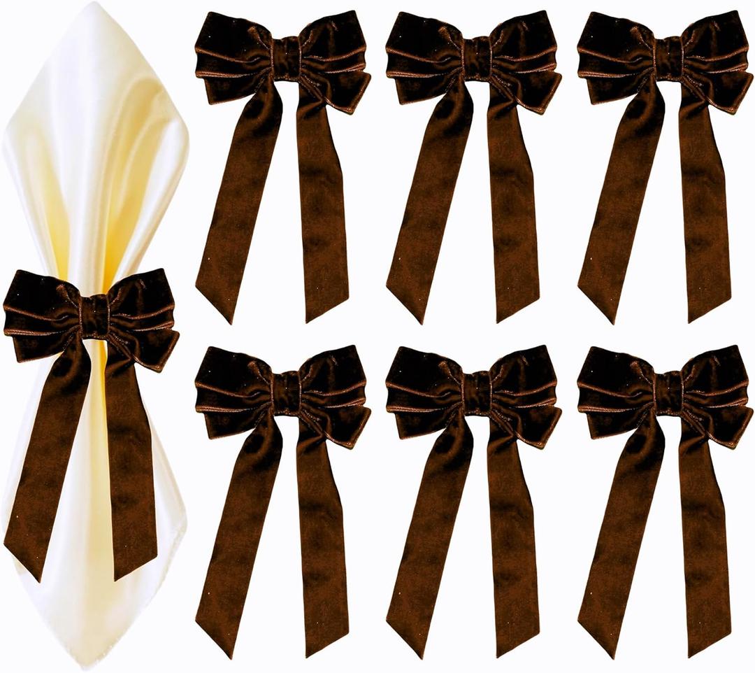 Bow Napkin Rings Set of 6 Luxury Soft Brown Velvet Napkin Holders, Elegant Bow Design for Christmas Holiday Dinner Wedding Party Table Decor